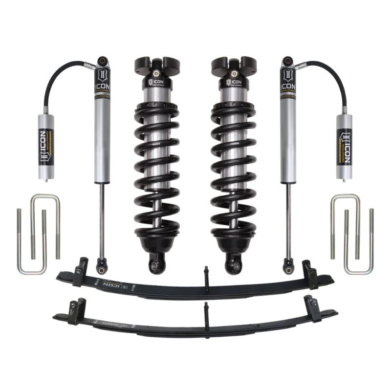 ICON Stage 2 suspension kit for 1995-2004 Toyota Tacoma featuring 2.5-inch coilovers and 2.0 aluminum shocks.