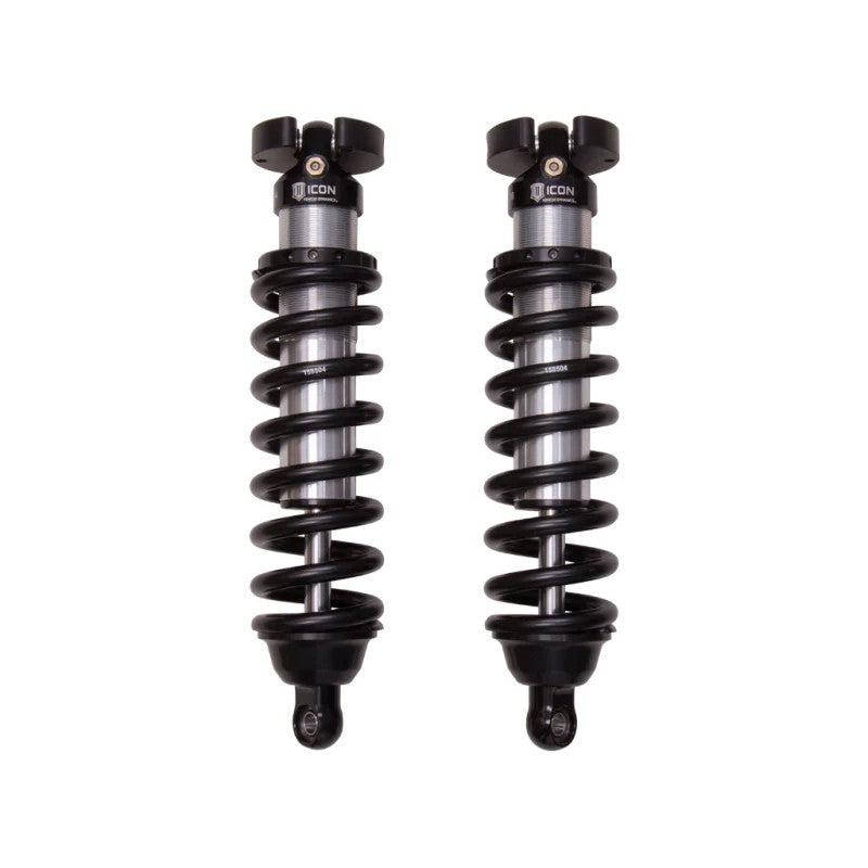 ICON V.S. 2.5 Series front internal reservoir coilovers with silver springs and CNC-machined aluminum components.