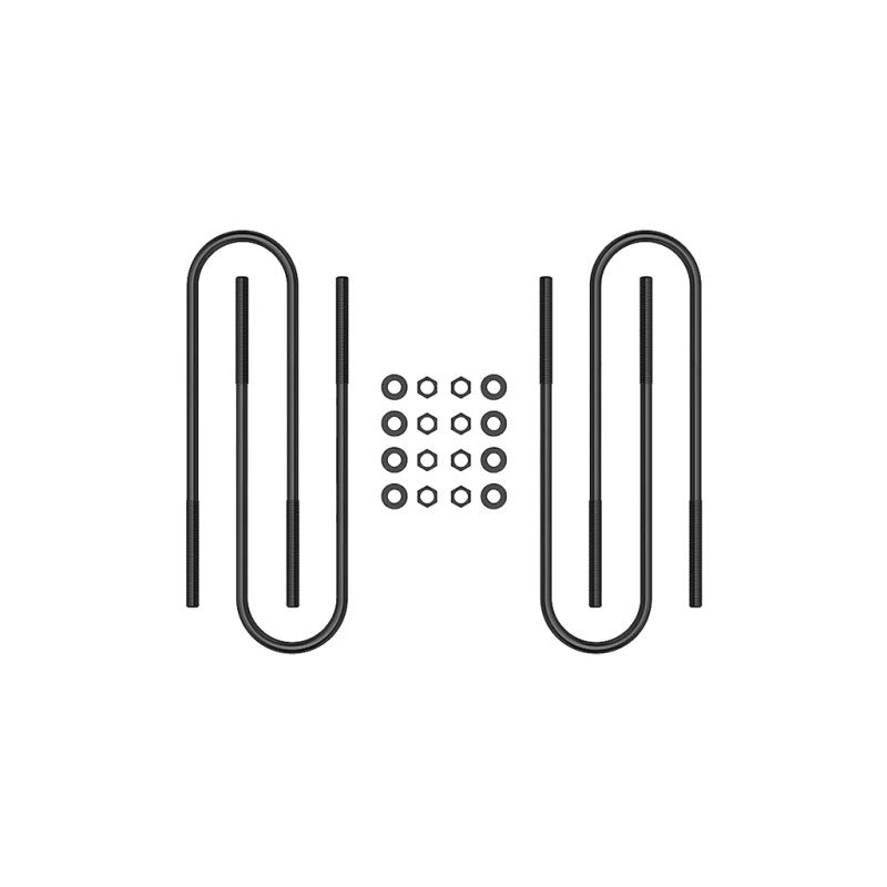 Four heavy-duty ICON 17in steel rear U-bolts with nuts and washers for 1999-2010 Ford Super Duty trucks.