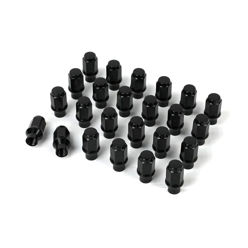 Set of 24 ICON Alloys black M14x1.5 closed-end lug nuts with extended thread shanks and conical seats.