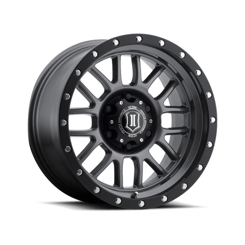 ICON Alloys Alpha 17x8.5 gun metal 8-spoke wheel with 5x5 bolt pattern for Jeep Wrangler and Gladiator.