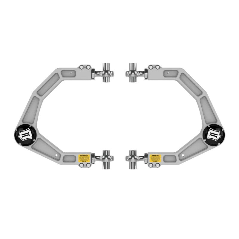 Satin anodized 6061 billet aluminum ICON upper control arms with Delta Joint Pro for 2021-2025 Ford F-150 Raptor.