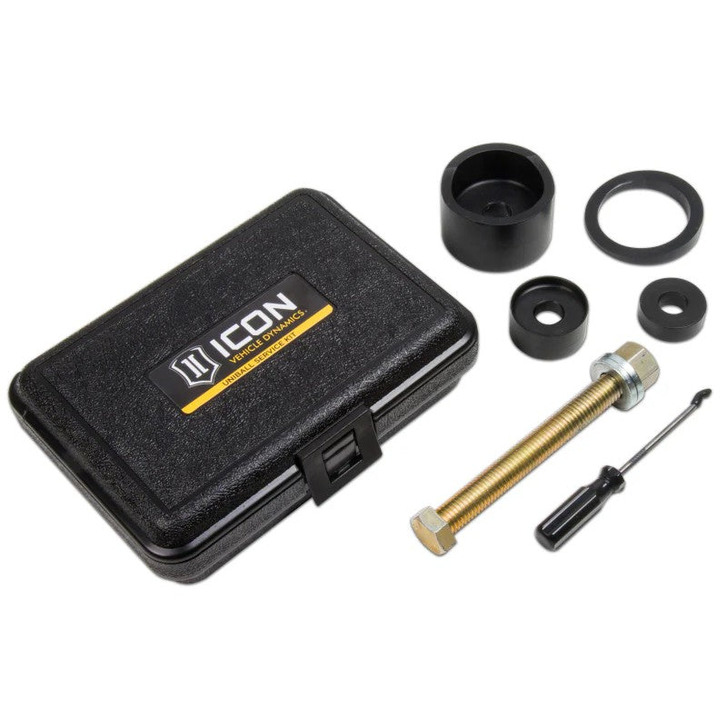 ICON 614518 on-vehicle uniball replacement tool kit with heavy-duty steel cups, spacers, and threaded press hardware.