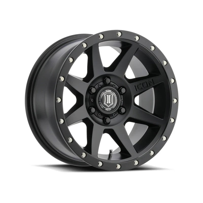 ICON Alloys Rebound 17x8.5 6x5.5 wheel with concave spokes and 0mm offset in a satin black finish.