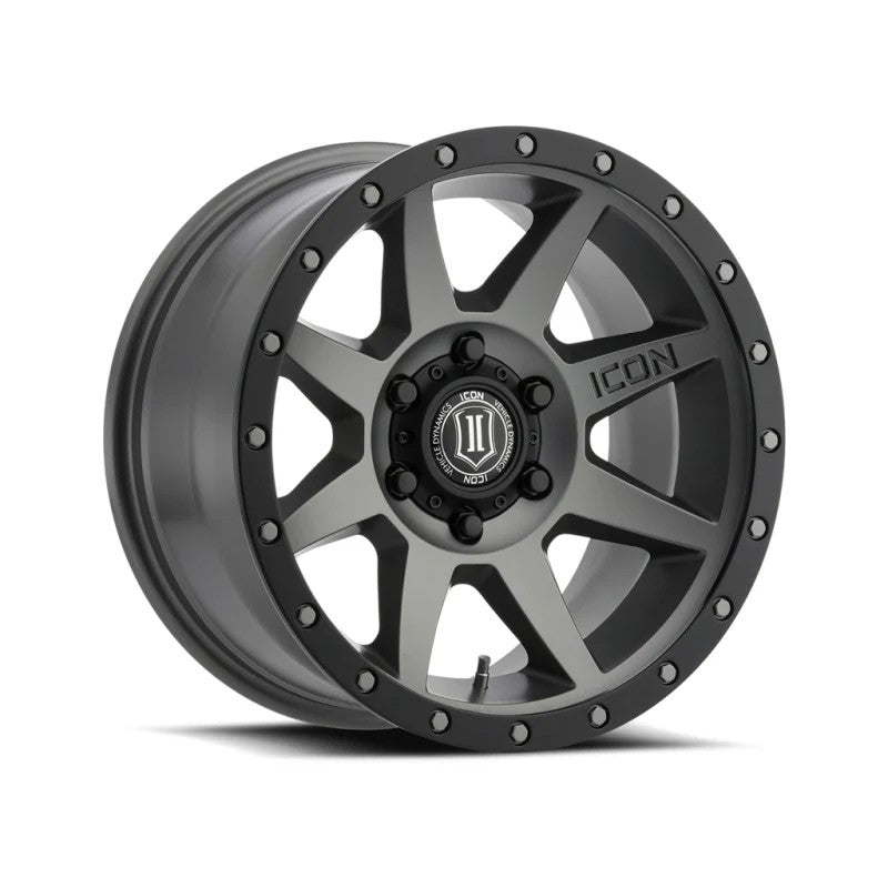 ICON Alloys Rebound 17x8.5 titanium wheel with concave 8-spoke design and 6x5.5 bolt pattern.