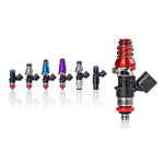 Set of eight Injector Dynamics 1050cc fuel injectors with 14mm grey top and blue bottom adapters.