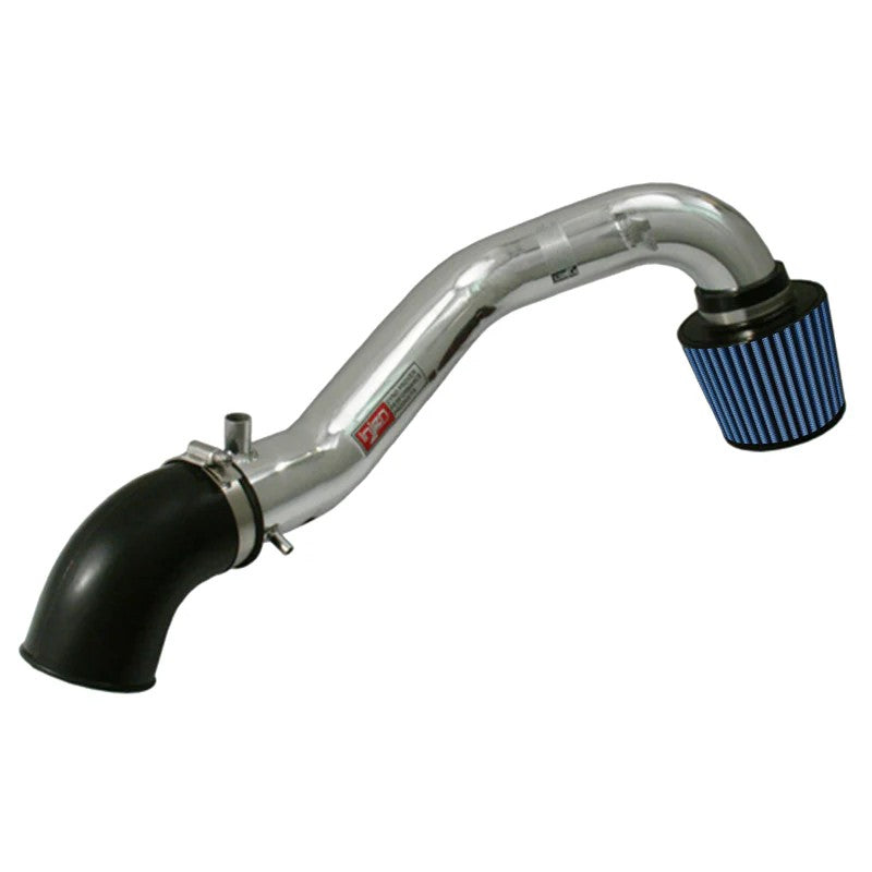 Injen SP Series polished cold air intake kit with aluminum piping, dry filter, and replacement washer fluid bottle.