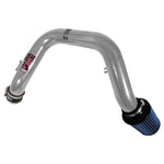 Polished Injen RD Series mandrel-bent aluminum cold air intake with SuperNano-Web dry filter for Toyota Corolla.