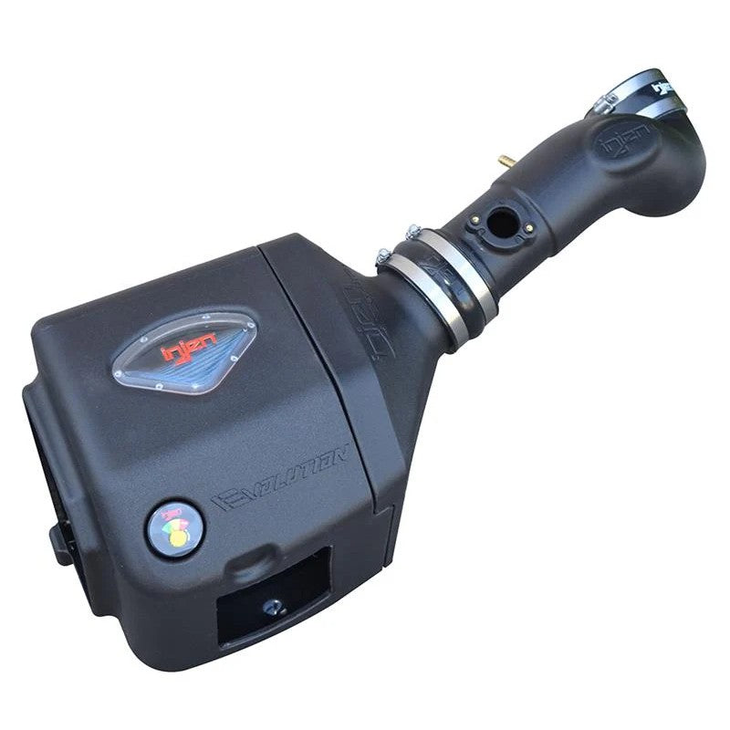 Injen EVO7102 Evolution sealed cold air intake with black roto-molded housing and red Clear-View filter inspection badge.