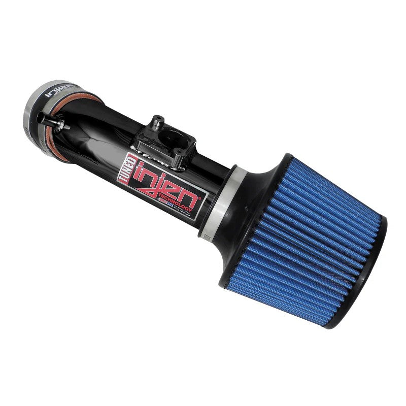 Black Injen SP Series short ram intake with 6061-T6 aluminum tubing and dry air filter for 2010-2012 Mazda 3 S 2.5L.