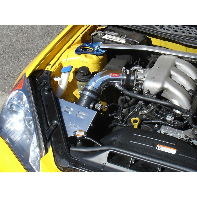 Polished Injen SP Series short ram intake for Hyundai Genesis Coupe V6 with blue SuperNano-Web dry filter and heat shield.