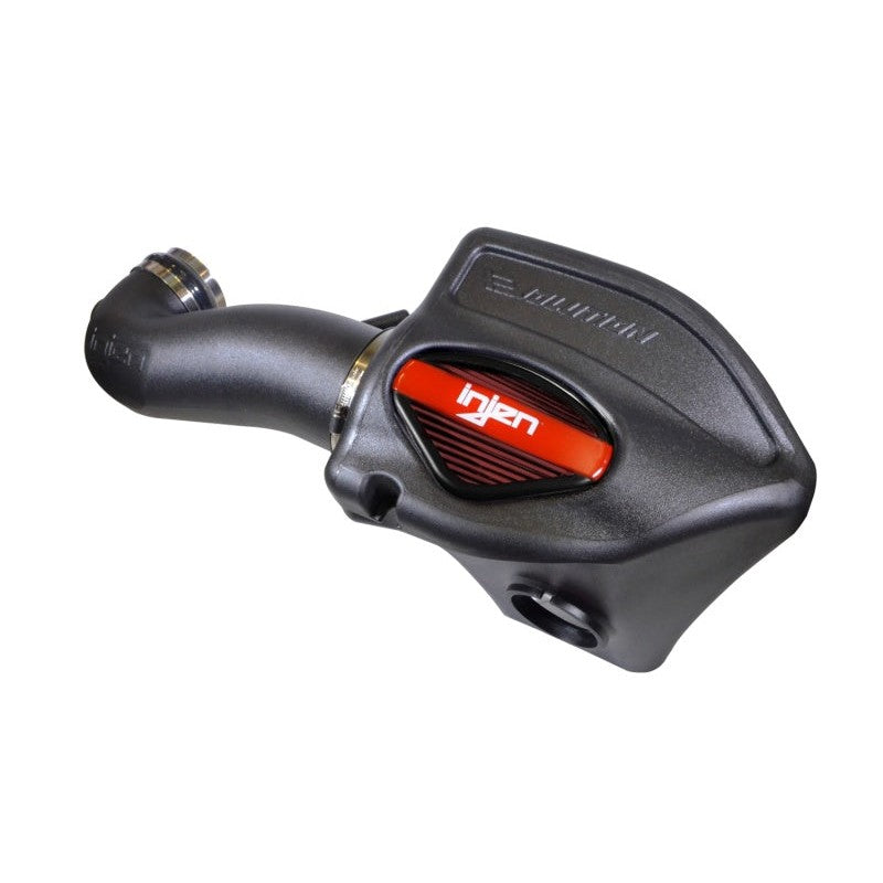 Injen Evolution cold air intake with black roto-molded housing and red oiled filter for 5.7L Hemi engines.