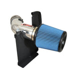 Polished Injen Power-Flow short ram intake with 6061-T6 aluminum tubing and blue SuperNano-Web dry filter.
