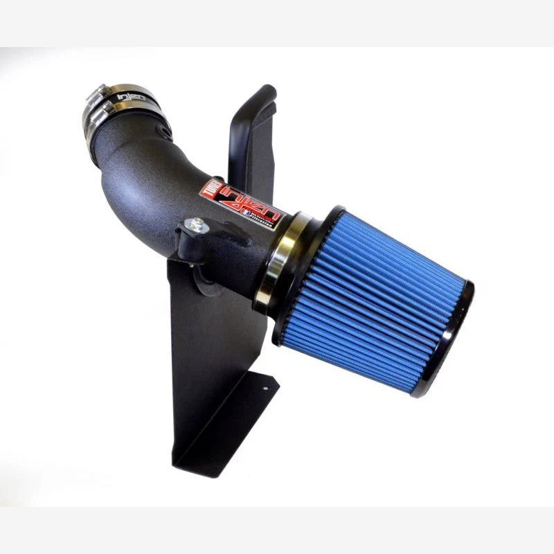 Injen Power-Flow wrinkle black 6061-T6 aluminum short ram intake with blue SuperNano-Web dry air filter.