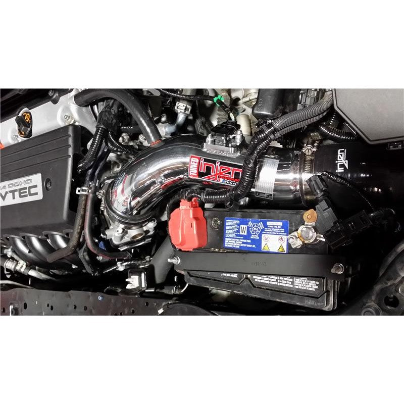 Polished 6061-T6 aluminum Injen SP Series cold air intake system with dry filter and battery relocation kit.
