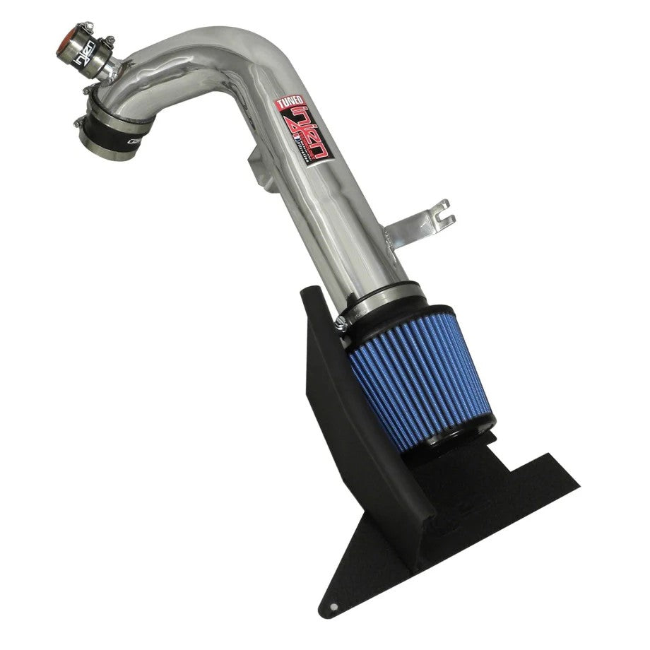 Injen SP Series polished 6061-T6 aluminum short ram intake with black heat shield and blue SuperNano-Web dry air filter.