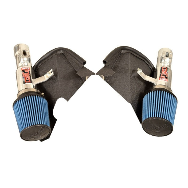 Injen SP Series dual polished aluminum short ram intake system with blue dry filters and black heat shields for Infiniti FX.