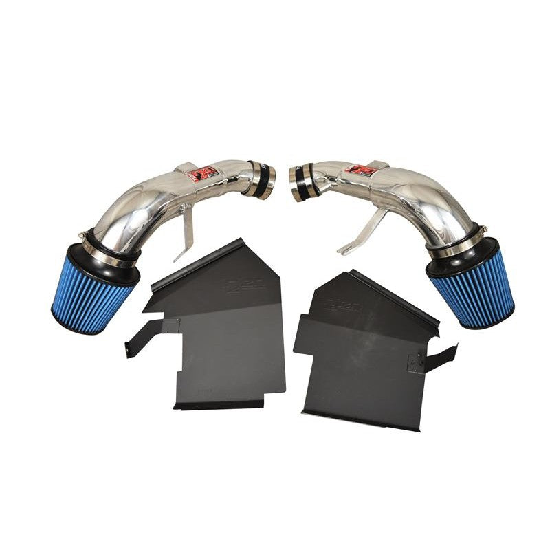 Polished dual aluminum intake tubes with dry air filters and black heat shields for 2014-2015 Infiniti Q50 3.7L