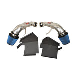Polished dual aluminum intake tubes with dry air filters and black heat shields for 2014-2015 Infiniti Q50 3.7L