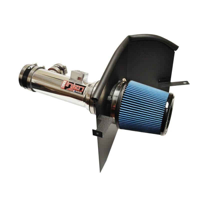 Polished 6061-T6 aluminum Injen Power-Flow intake tube with SuperNano-Web dry filter and black powder-coated heat shield.