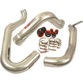 Injen black powder-coated 6061-T6 aluminum upper intercooler pipe with black silicone couplers and clamps.