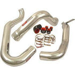 Injen black powder-coated 6061-T6 aluminum upper intercooler pipe with black silicone couplers and clamps.