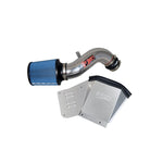 Polished Injen SP series aluminum intake pipe with a blue SuperNano-Web dry air filter and black heat shield.