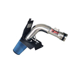 Injen Wrinkle Red cold air intake tube with heat shield and blue SuperNano-Web dry air filter for Subaru WRX STI.