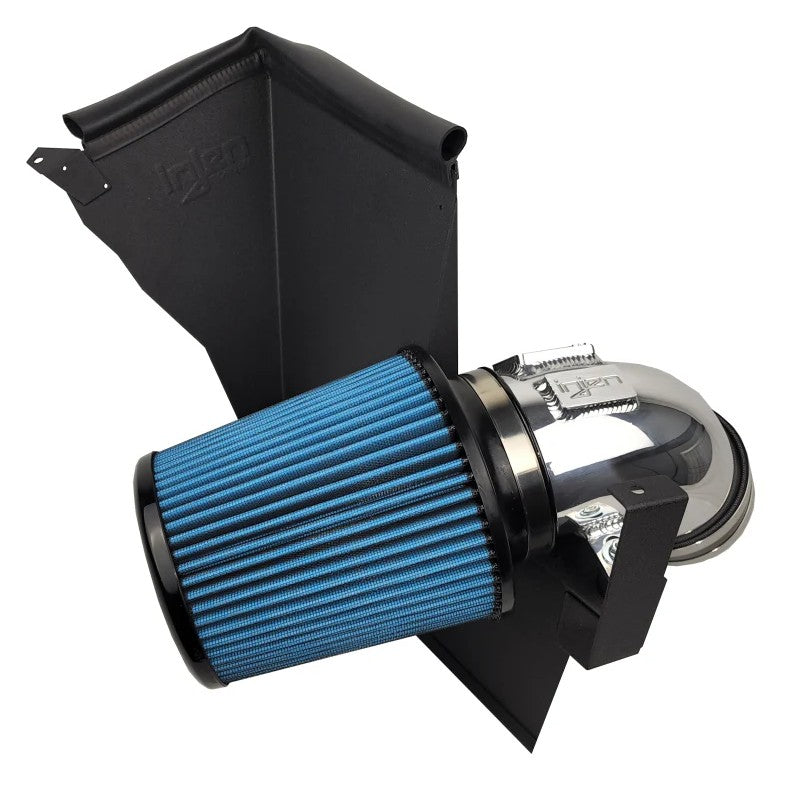 Injen SP Series polished aluminum short ram air intake with 4-inch piping, black heat shield, and blue dry air filter.