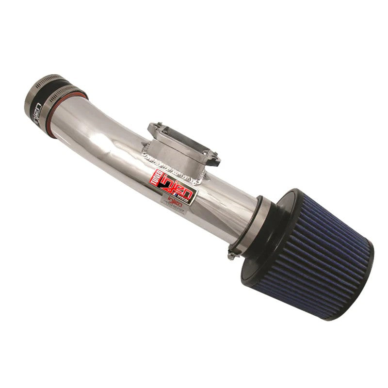 Polished Injen IS Performance short ram intake system with blue SuperNano-Web dry air filter and mounting hardware.