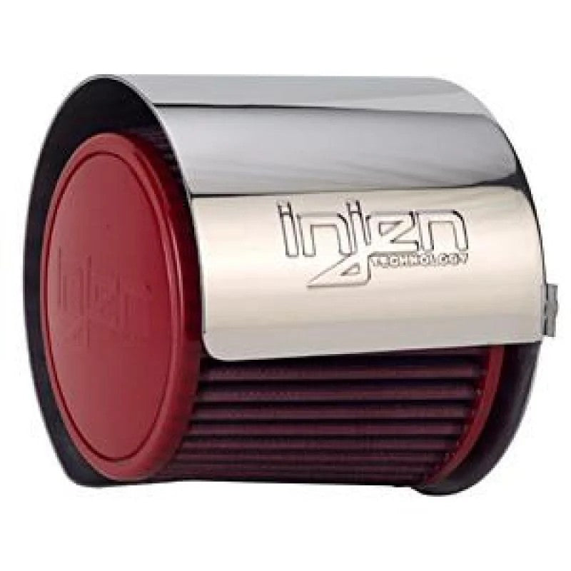 Polished aircraft-grade aluminum Injen HS3500P universal air filter heat shield with adjustable mounting hardware.