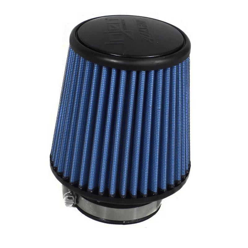 Injen SuperNano-Web dry conical air filter with blue nanofiber media and 2.75 inch mounting flange.