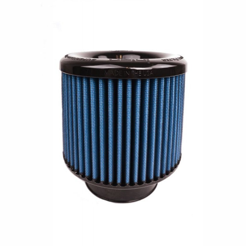 Injen SuperNano-Web blue dry conical air filter with 3.50-inch flange and stainless steel clamp.