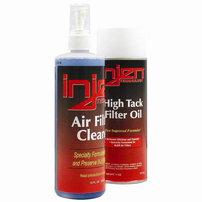 Injen Pro Tech air filter cleaning kit featuring aerosol cleaner and red-dyed recharger oil cans.