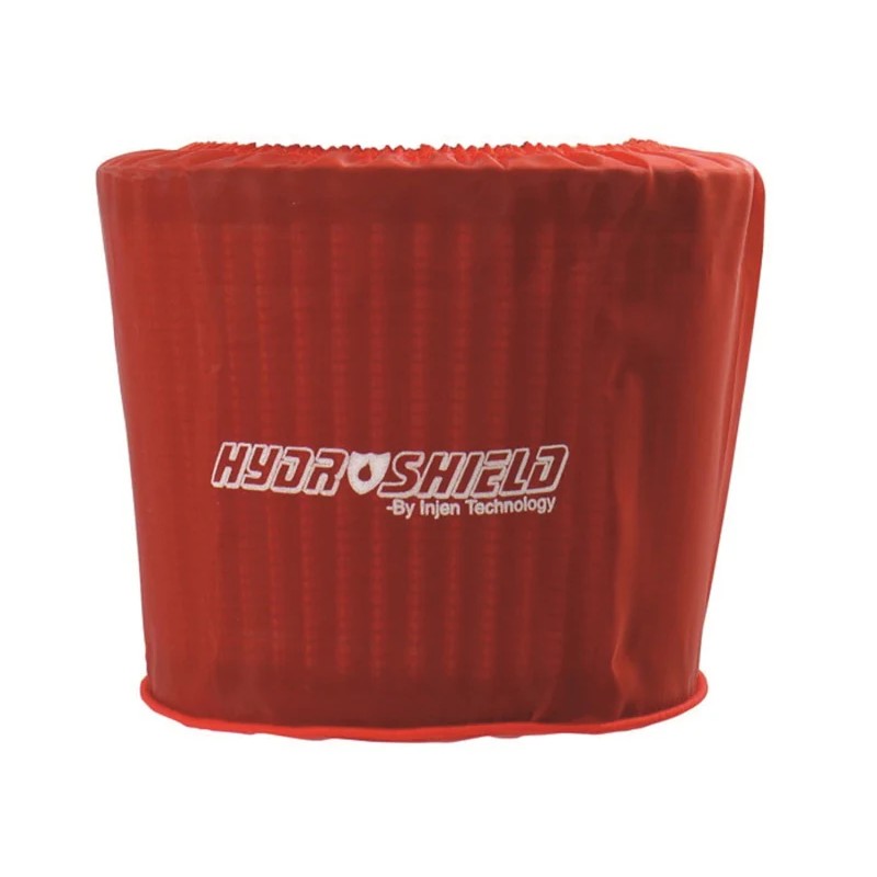 Red Injen Hydroshield hydrophobic air filter cover with elastic base and mesh construction.