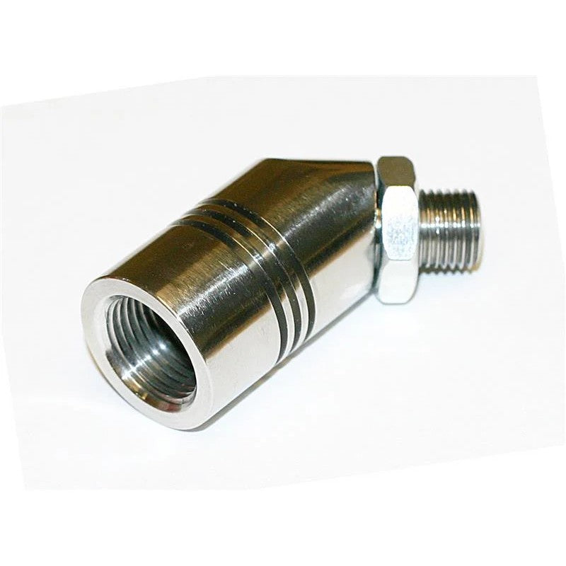 Innovate Motorsports 3835 stainless steel 12mm to 18mm 45-degree O2 sensor bung adapter with copper sealing washer.