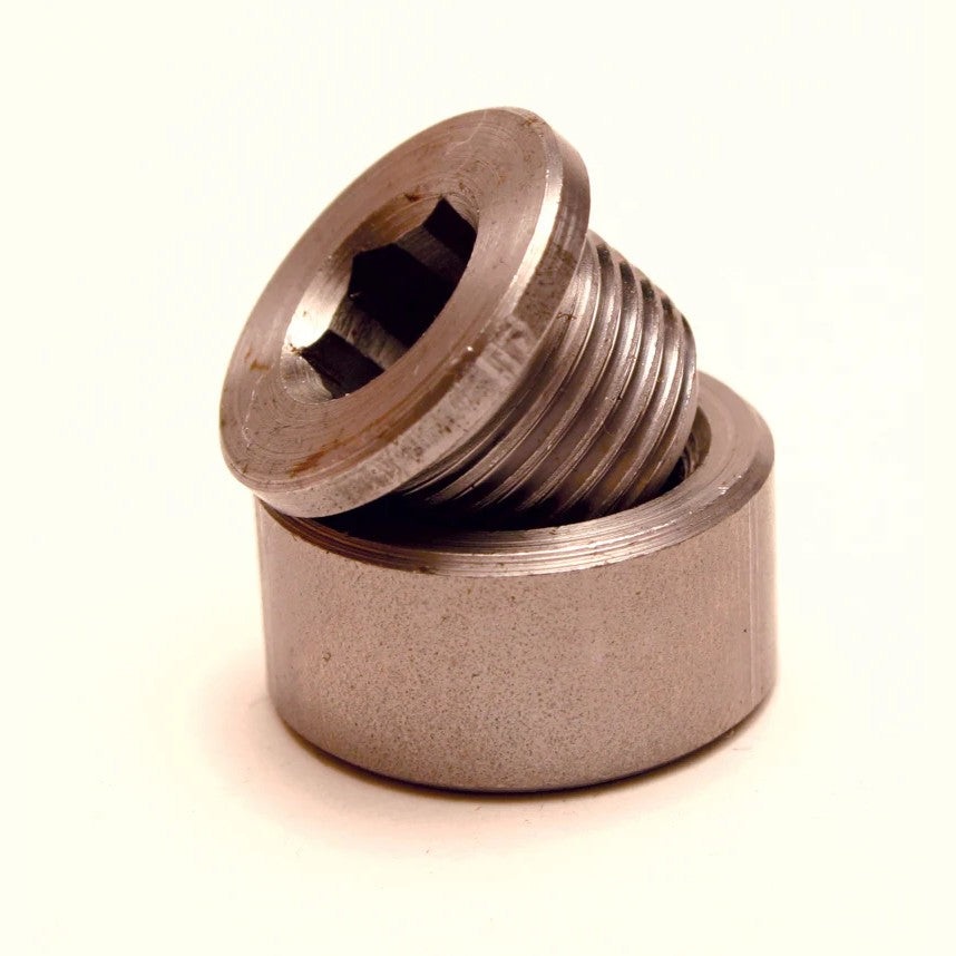 Innovate Motorsports 3735 mild steel 1/2 inch shallow weld-on O2 sensor bung and matching hex head plug.