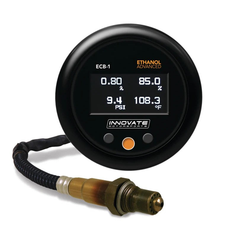 Innovate Motorsports ECB-1 digital OLED gauge kit with Bosch LSU 4.9 wideband sensor, ethanol sensor, and wiring.