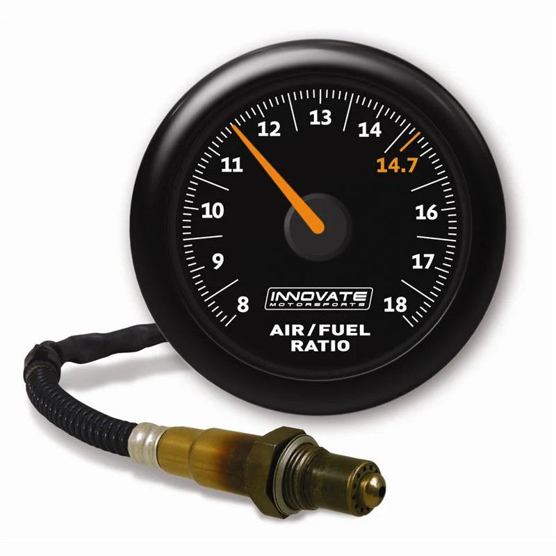 Innovate MTX-AL analog air/fuel ratio gauge kit with black dial, interchangeable silver bezel, and Bosch LSU 4.9 sensor.