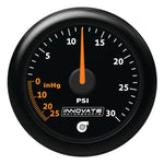 Innovate MTX-A 30 PSI vacuum and boost gauge kit with black faceplate, 4-bar MAP sensor, and interchangeable bezels.