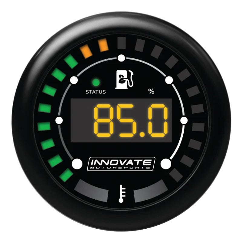 Innovate MTX-D 52mm ethanol content and fuel temperature gauge kit with sensor, wiring harness, and spare faceplates.