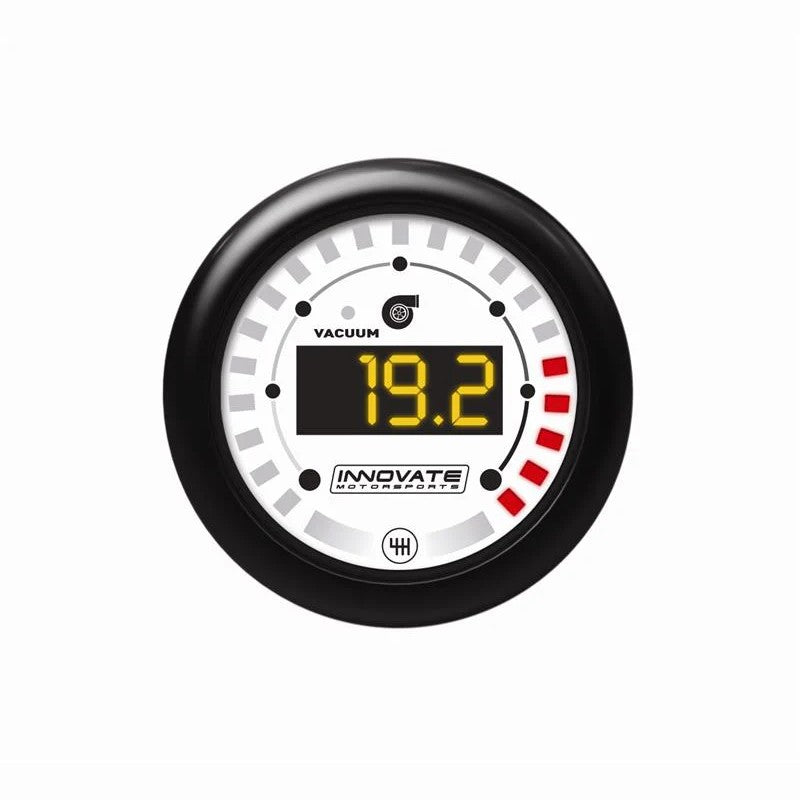 52mm Innovate MTX-D digital EGT gauge kit showing the silver bezel, white faceplate, K-Type probe, and wiring harness.
