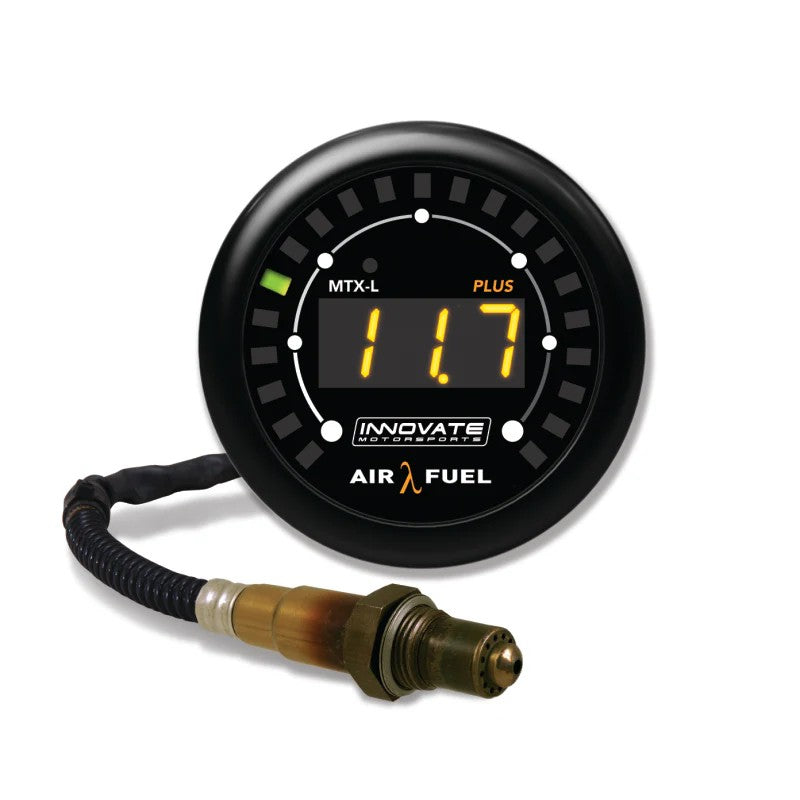 Innovate MTX-L PLUS digital wideband air/fuel ratio gauge kit with O2 sensor, 3ft harness, and silver and black bezels.