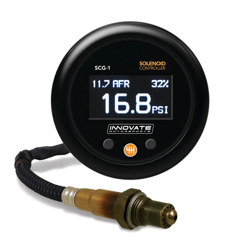 Innovate SCG-1 wideband air/fuel ratio gauge and boost controller kit with solenoid and digital OLED display.