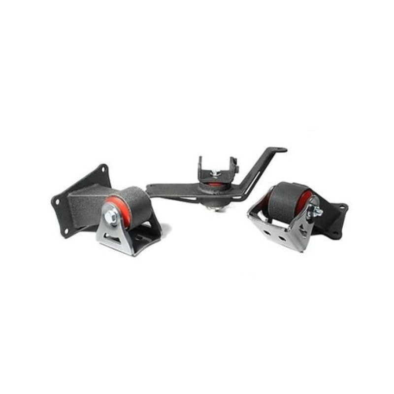 Black powder-coated steel engine mounts for 00-09 Honda S2000 with 85A polyurethane bushings.