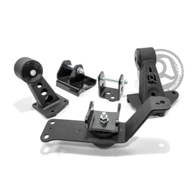 Black powder-coated steel K-series swap engine mounts with 75A bushings for Honda S2000.