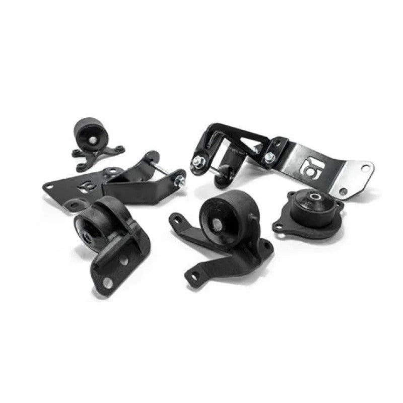 Black powder-coated steel engine swap mounts with 75A polyurethane bushings for 2001-2005 Honda Civic K-series swaps.