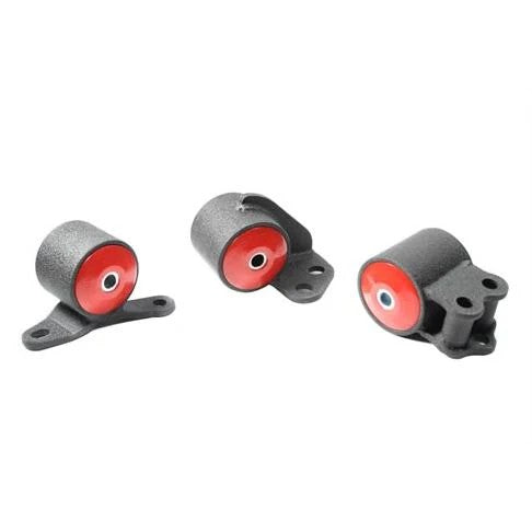 Black powder-coated steel engine mounts with 75A durometer bushings for 2002-2005 Honda Civic K-Series engine swaps.