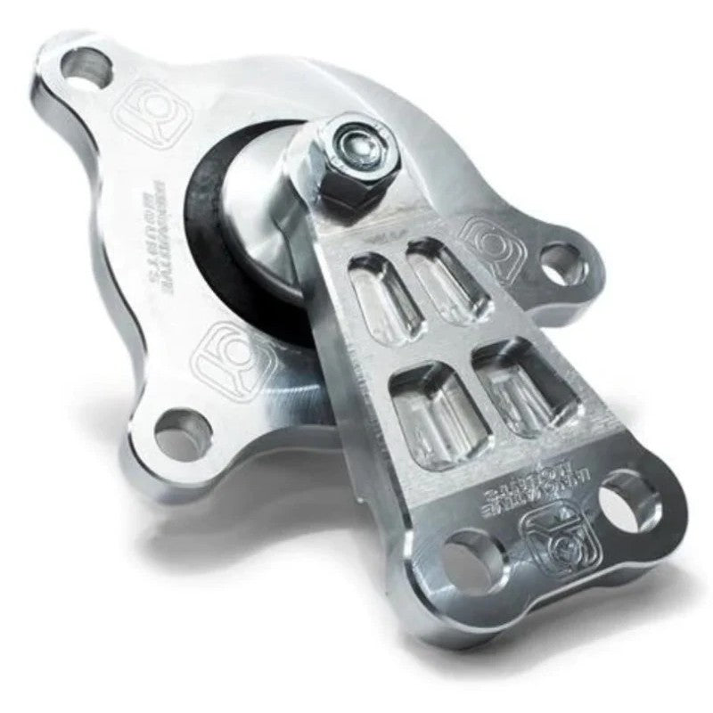 Silver billet aluminum RH side engine mount with a 75A durometer bushing for 2002-2005 Honda Civic Si.