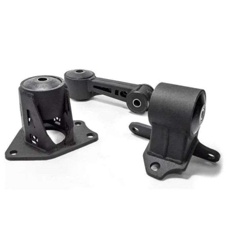 Black powder-coated steel engine mounts with 75A durometer polyurethane bushings for 2009-2013 Honda Fit L-Series.